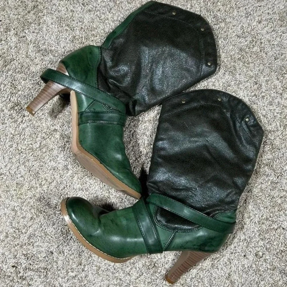 Vintage Y2K Women's Green Leather Buckle Strappy Heeled Ankle Boots Size 8 Funky